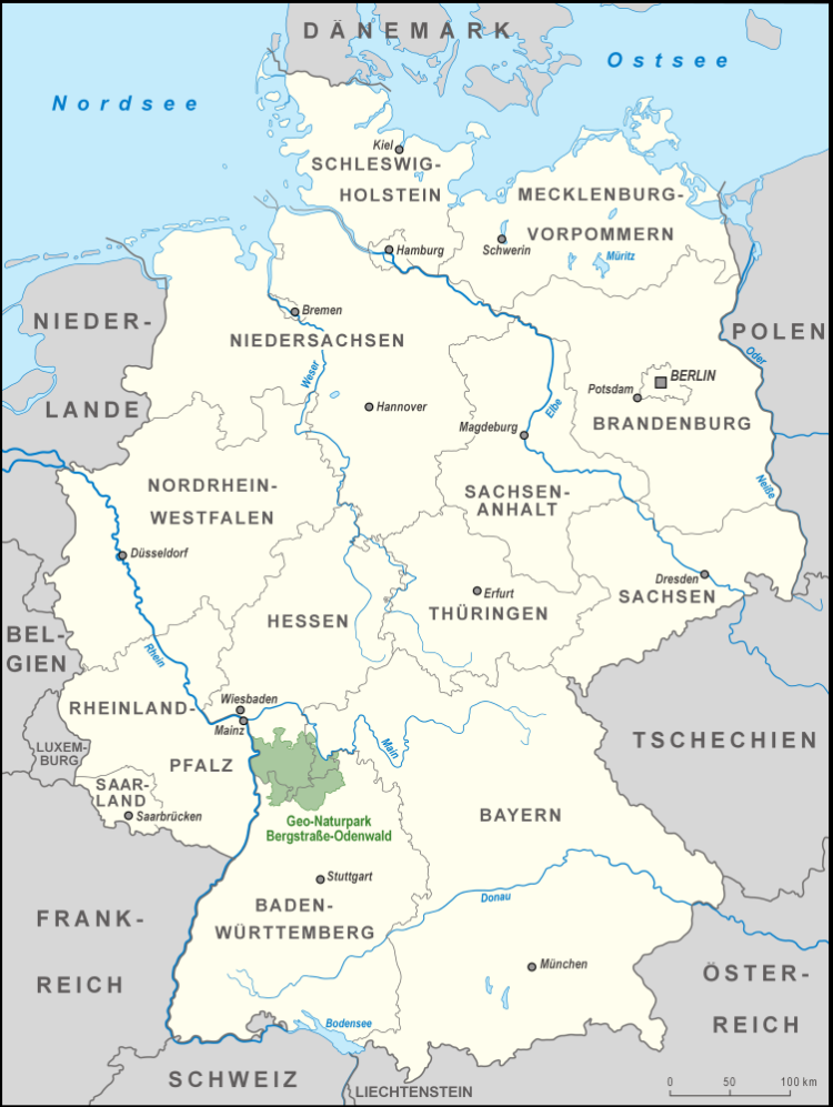 A map of Germany, highlighting the Odenwald region.